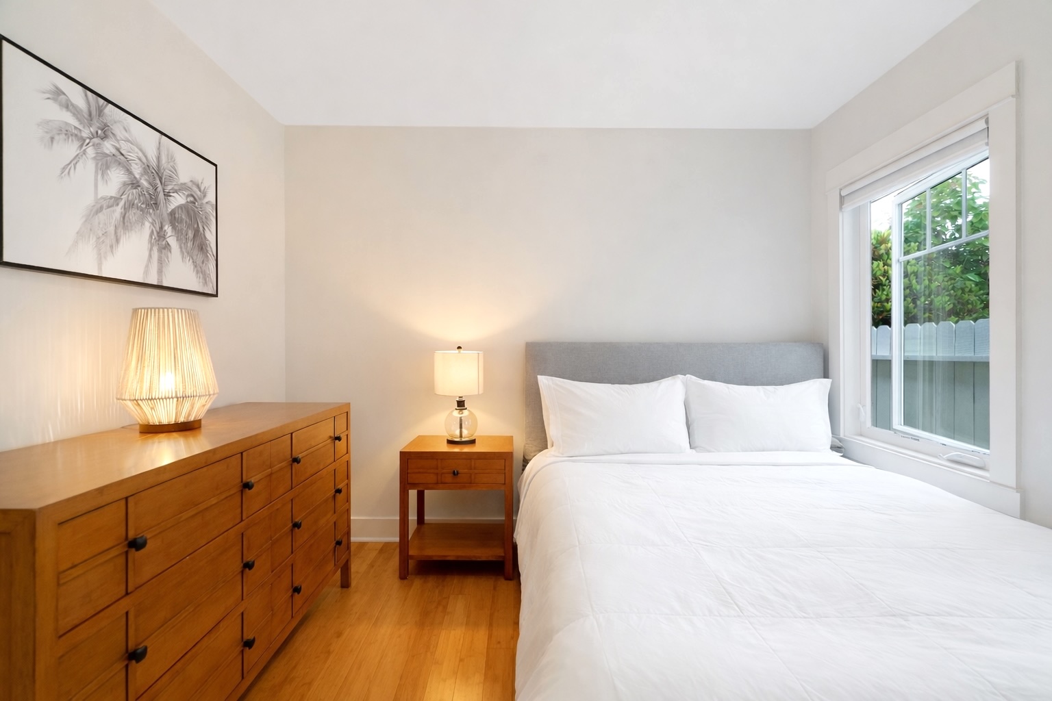 Bedroom — warm wood tones, natural light